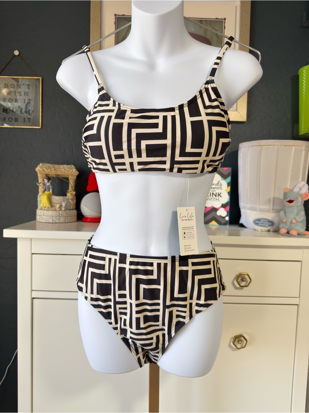 Cupshe Black & Cream Geometric High-Waist Bikini